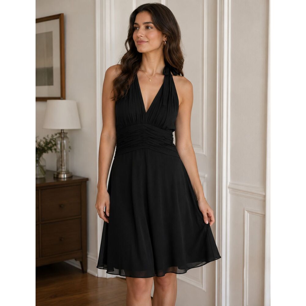 Y2K VTG Donna Morgan Black Womens Sz6 100% Silk Halter Dress Babydoll Midi Lined